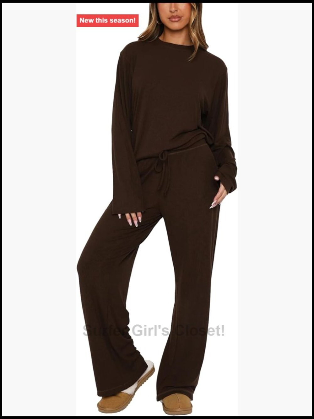 Ribbed Knit 2 Piece Lounge Set Long Sleeve Top Wide Leg Pants Cozy Matching Set